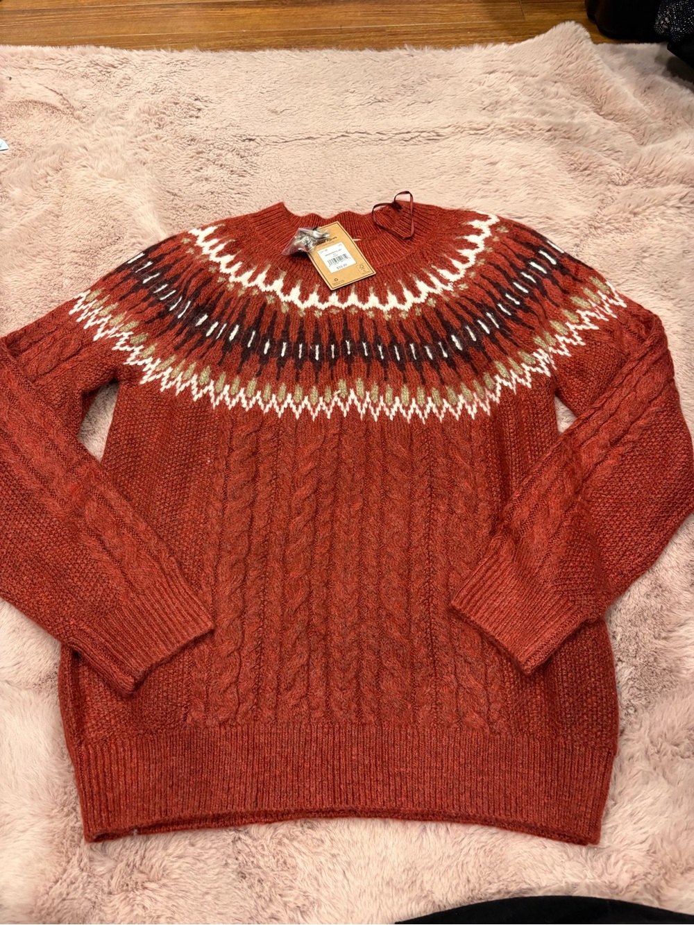 Cable Knit Fair Isle Crewneck Sweater in Rust